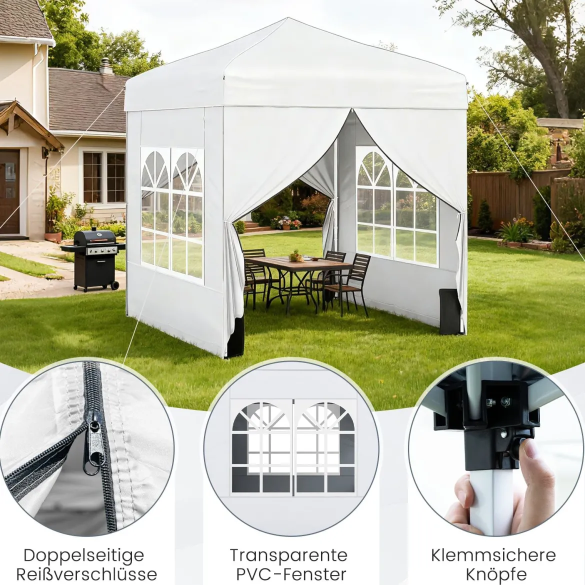 Pop Up Pavillon 2 x 2m Klappbarer Gartenpavillon mit Abnehmbaren Seitenwänden Grau/Schwarz/Weiß