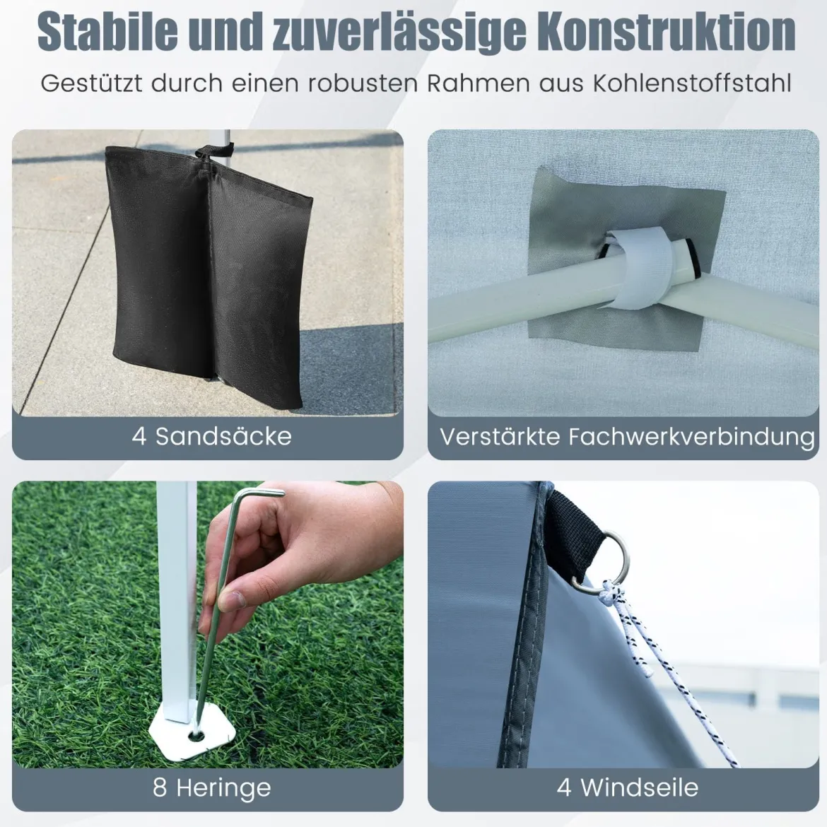 Pop Up Pavillon 2 x 2m Klappbarer Gartenpavillon mit Abnehmbaren Seitenwänden Grau/Schwarz/Weiß