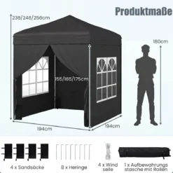 Pop Up Pavillon 2 x 2m Klappbarer Gartenpavillon mit Abnehmbaren Seitenwänden Grau/Schwarz/Weiß