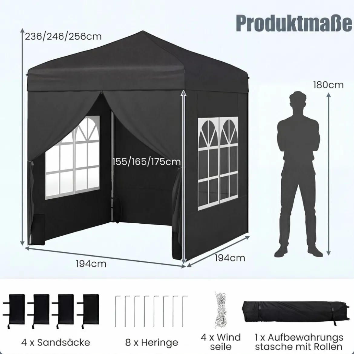 Pop Up Pavillon 2 x 2m Klappbarer Gartenpavillon mit Abnehmbaren Seitenwänden Grau/Schwarz/Weiß
