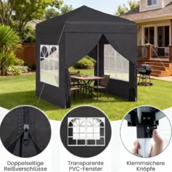 Pop Up Pavillon 2 x 2m Klappbarer Gartenpavillon mit Abnehmbaren Seitenwänden Grau/Schwarz/Weiß