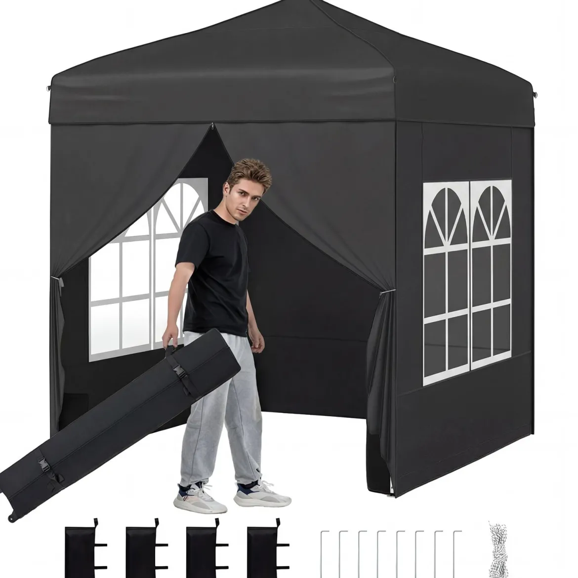 Pop Up Pavillon 2 x 2m Klappbarer Gartenpavillon mit Abnehmbaren Seitenwänden Grau/Schwarz/Weiß