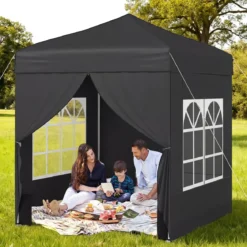 Pop Up Pavillon 2 x 2m Klappbarer Gartenpavillon mit Abnehmbaren Seitenwänden Grau/Schwarz/Weiß