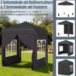 Pop Up Pavillon 2 x 2m Klappbarer Gartenpavillon mit Abnehmbaren Seitenwänden Grau/Schwarz/Weiß