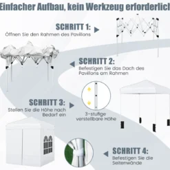 Pop Up Pavillon 2 x 2m Klappbarer Gartenpavillon mit Abnehmbaren Seitenwänden Grau/Schwarz/Weiß