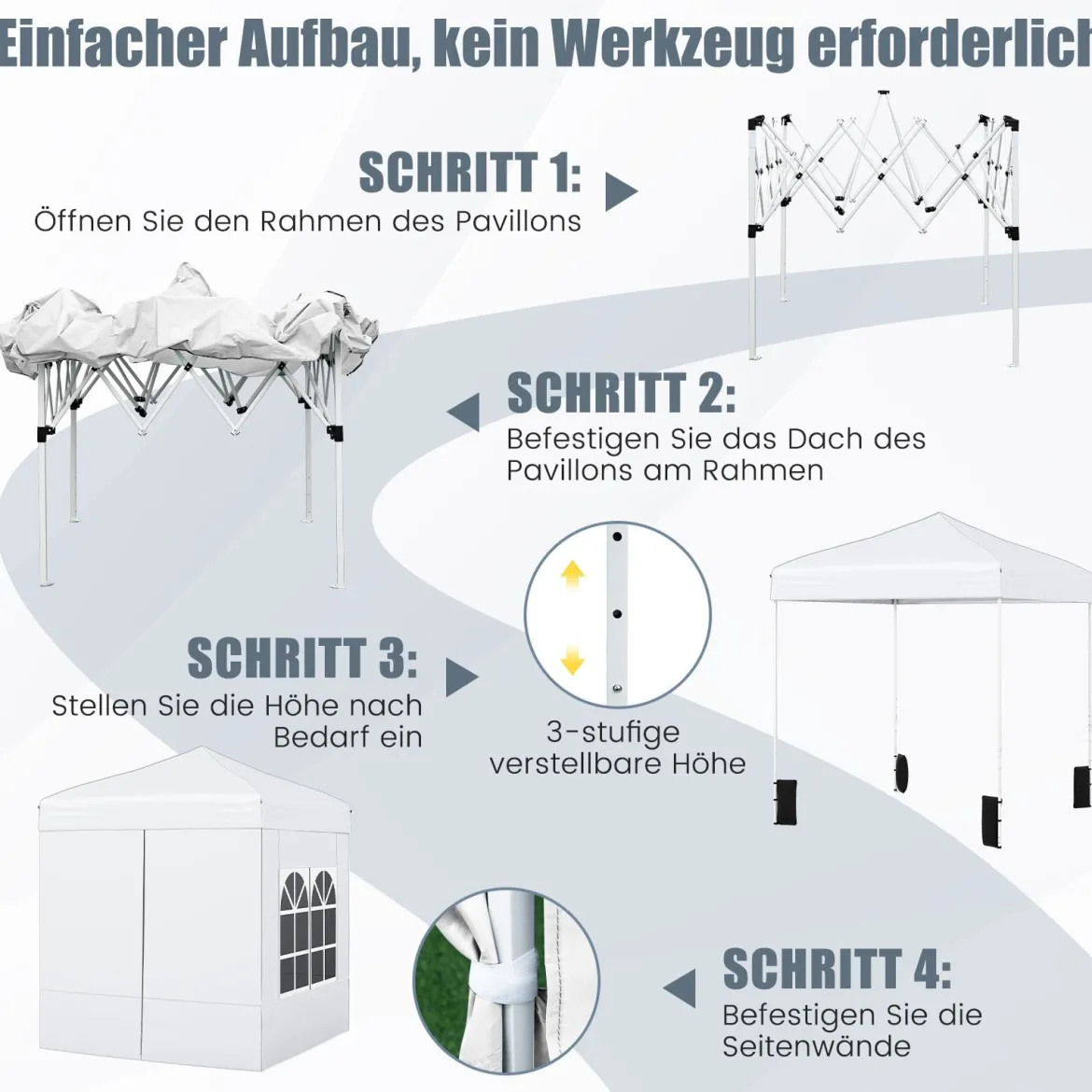 Pop Up Pavillon 2 x 2m Klappbarer Gartenpavillon mit Abnehmbaren Seitenwänden Grau/Schwarz/Weiß
