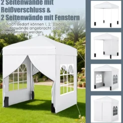 Pop Up Pavillon 2 x 2m Klappbarer Gartenpavillon mit Abnehmbaren Seitenwänden Grau/Schwarz/Weiß