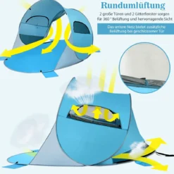Pop Up Strandmuschel 3-4 Personen Strandzelt Sonnenschutz Wurfzelt für Outdoor Blau