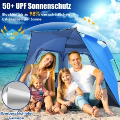 Pop Up Strandzelt für 3-4 Personen UPF 50+ Sonnenschutz Campingzelt 252 x 127 x 132 cm Blau