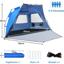 Pop Up Strandzelt für 3-4 Personen UPF 50+ Sonnenschutz Campingzelt 252 x 127 x 132 cm Blau