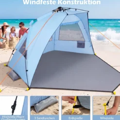 Pop Up Strandzelt für 3-4 Personen Strandmuschel mit Tragetasche Heringe & 3 Sandtaschen