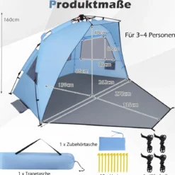 Pop Up Strandzelt für 3-4 Personen Strandmuschel mit Tragetasche Heringe & 3 Sandtaschen