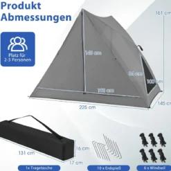 Pop Up Zelt für 2-3 Personen 360° einseitig durchsichtiges Familienzelt225 x 145 x 161 cm Grau