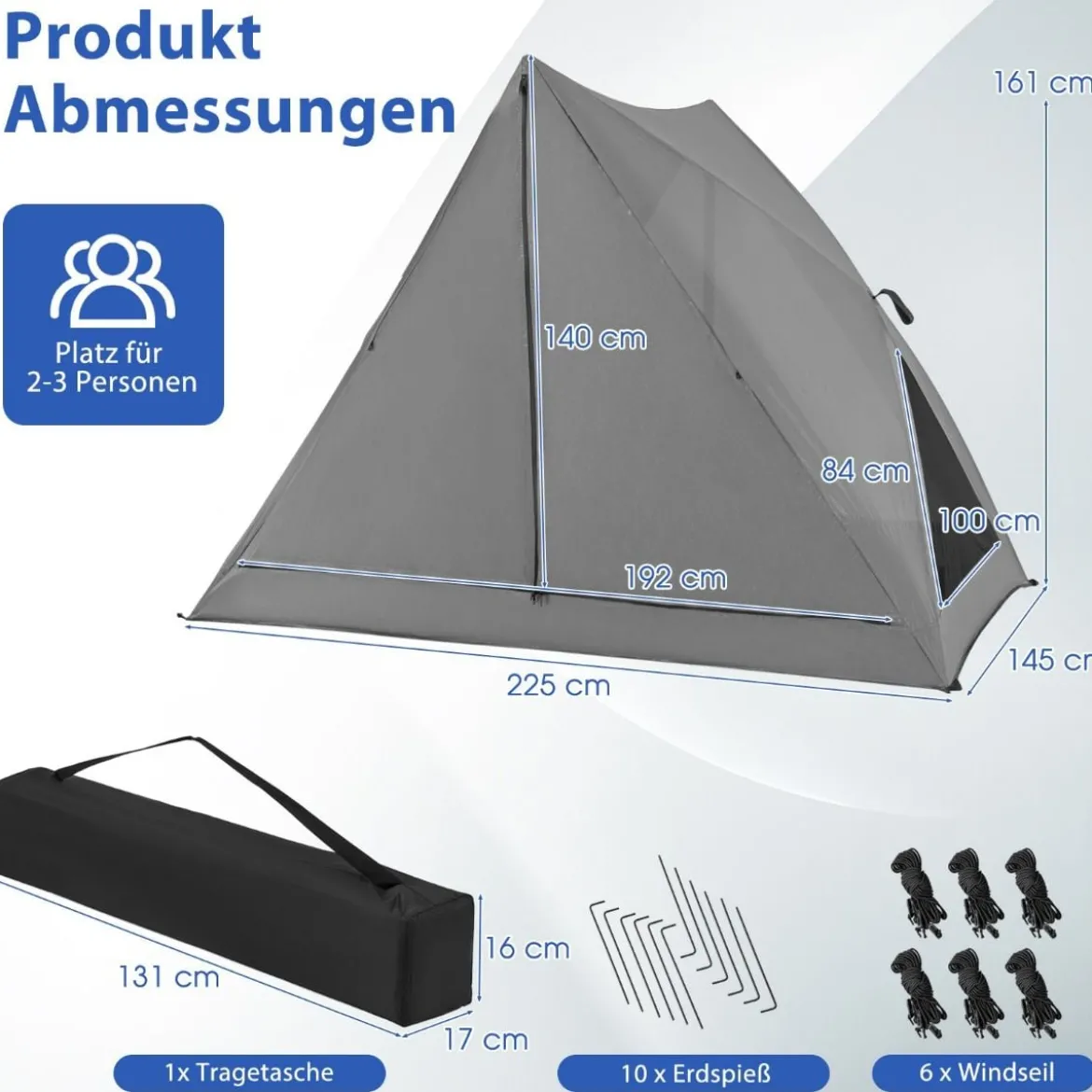 Pop Up Zelt für 2-3 Personen 360° einseitig durchsichtiges Familienzelt225 x 145 x 161 cm Grau