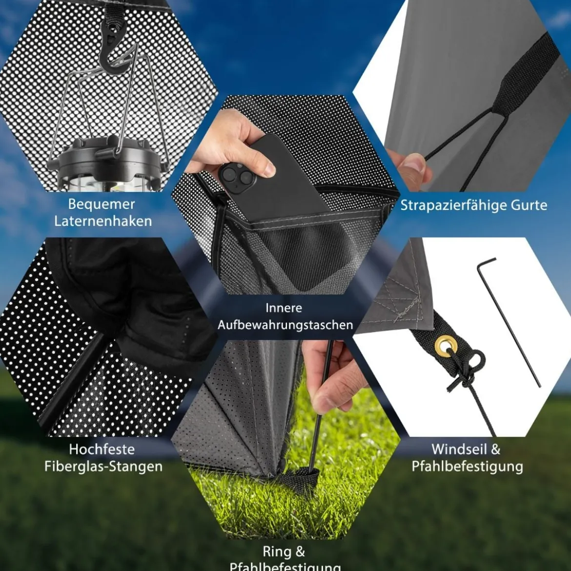 Pop Up Zelt für 2-3 Personen 360° einseitig durchsichtiges Familienzelt225 x 145 x 161 cm Grau