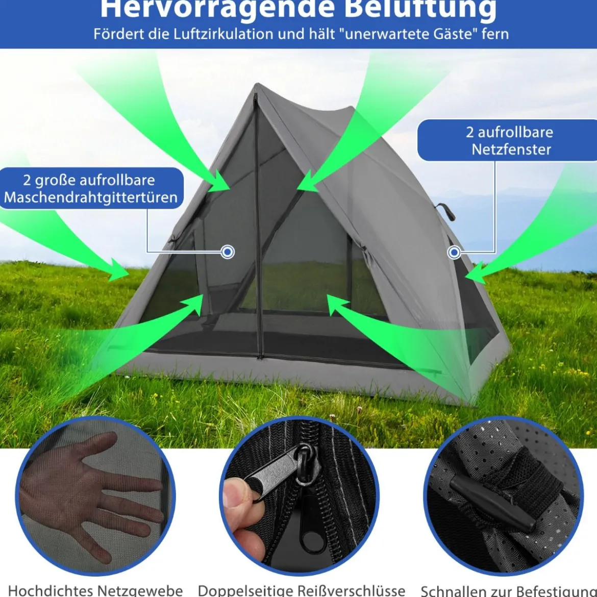 Pop Up Zelt für 2-3 Personen 360° einseitig durchsichtiges Familienzelt225 x 145 x 161 cm Grau