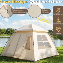 Pop Up Zelt für 4 Personen Wasserfestes Wurfzelt mit 2 Meshtüren & 4 Netzfenster Familienzelt mit Lampenhaken
