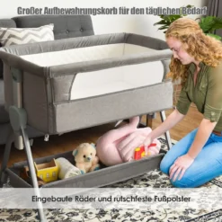 Portables Kinderbett mit Rollen Höhenverstellbares Beistellbett Grau