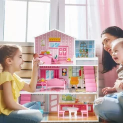 Puppenhaus aus Holz mit 3 Etagen & 10 Möbel & 5 Zimmern Puppenstube Traumhaus Rosa