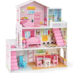 Puppenhaus aus Holz mit 3 Etagen & 10 Möbel & 5 Zimmern Puppenstube Traumhaus Rosa