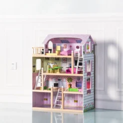 Puppenhaus 4 Etagen Puppenstube Barbie Haus mit Möbeln Holz 60,5 x 29.5 x 81 cm