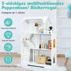 Puppenhaus Holz 2 in 1 Barbie Haus Kinder Bücherregal mit Zubehöre mit Speicherplatz Kindergeschenk