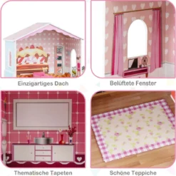 Puppenhaus Holz Puppenstube mit Zubehör & Möbeln 70 x 30 x 108 cm Rosa