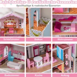 Puppenhaus Holz Puppenstube mit Zubehör & Möbeln 70 x 30 x 108 cm Rosa