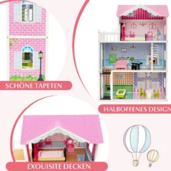 Puppenhaus Holz Puppenstube mit Möbeln & Zubehör 3 stöckiges Dollhouse Spielzeug 80 x 33 x 114 cm
