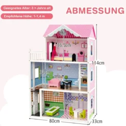 Puppenhaus Holz Puppenstube mit Möbeln & Zubehör 3 stöckiges Dollhouse Spielzeug 80 x 33 x 114 cm