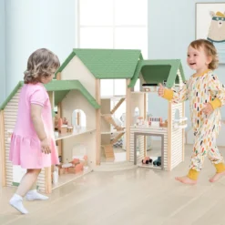 Puppenhaus mit Grünem Dach & 36 Zubehörteilen Spielset „Eckvilla“ aus Holz DIY Traumhaus