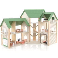 Puppenhaus mit Grünem Dach & 36 Zubehörteilen Spielset „Eckvilla“ aus Holz DIY Traumhaus