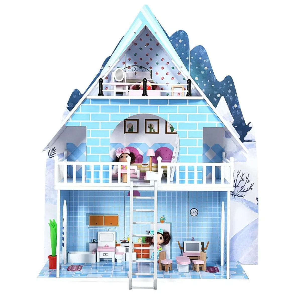 Puppenhaus Spielzeughaus Holz Barbiehaus mit mit 15 Möbeln und 3 niedlichen Puppen für Kinder ab 3 Jahren