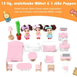 Puppenhaus Spielzeughaus Holz Barbiehaus mit mit 15 Möbeln und 3 niedlichen Puppen für Kinder ab 3 Jahren