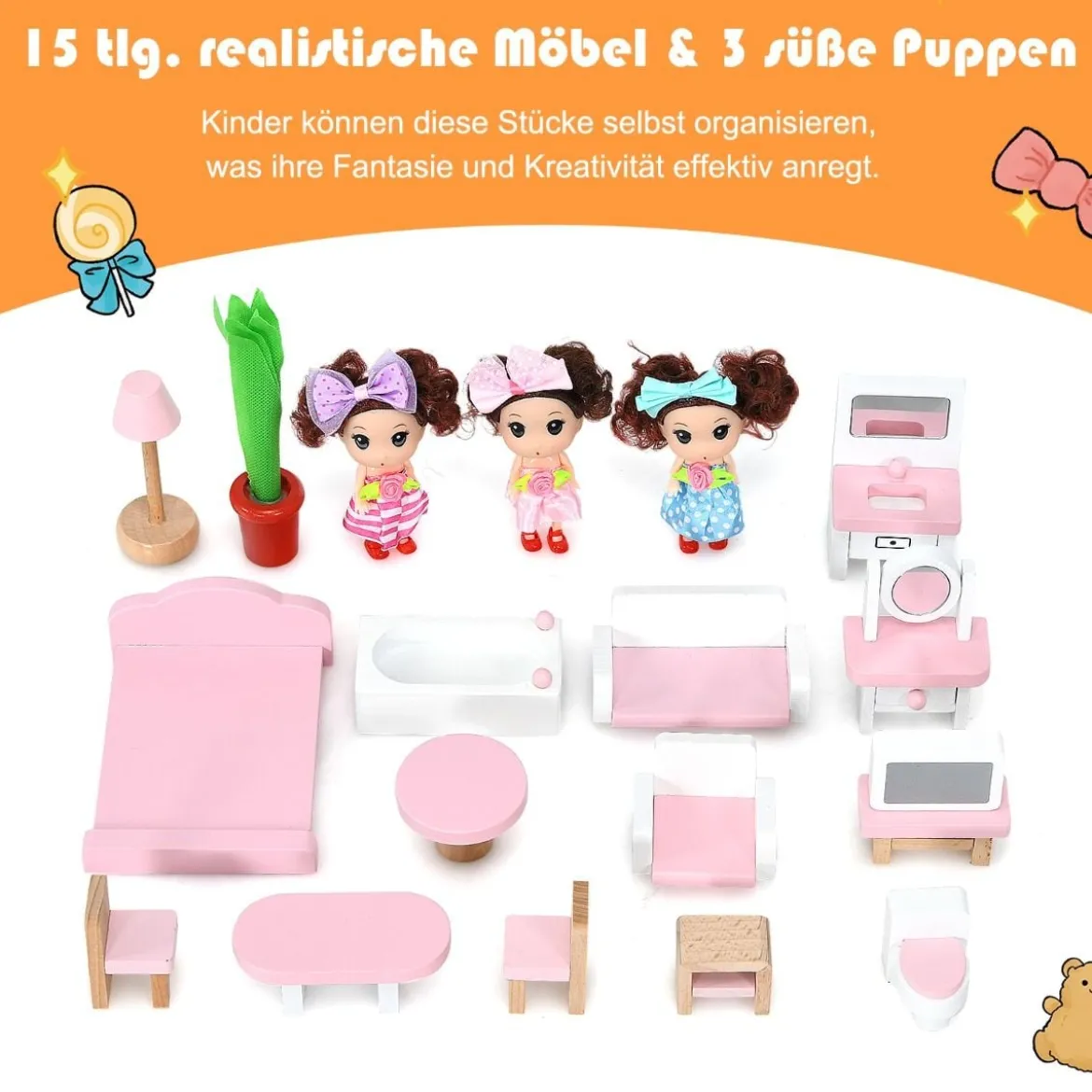 Puppenhaus Spielzeughaus Holz Barbiehaus mit mit 15 Möbeln und 3 niedlichen Puppen für Kinder ab 3 Jahren