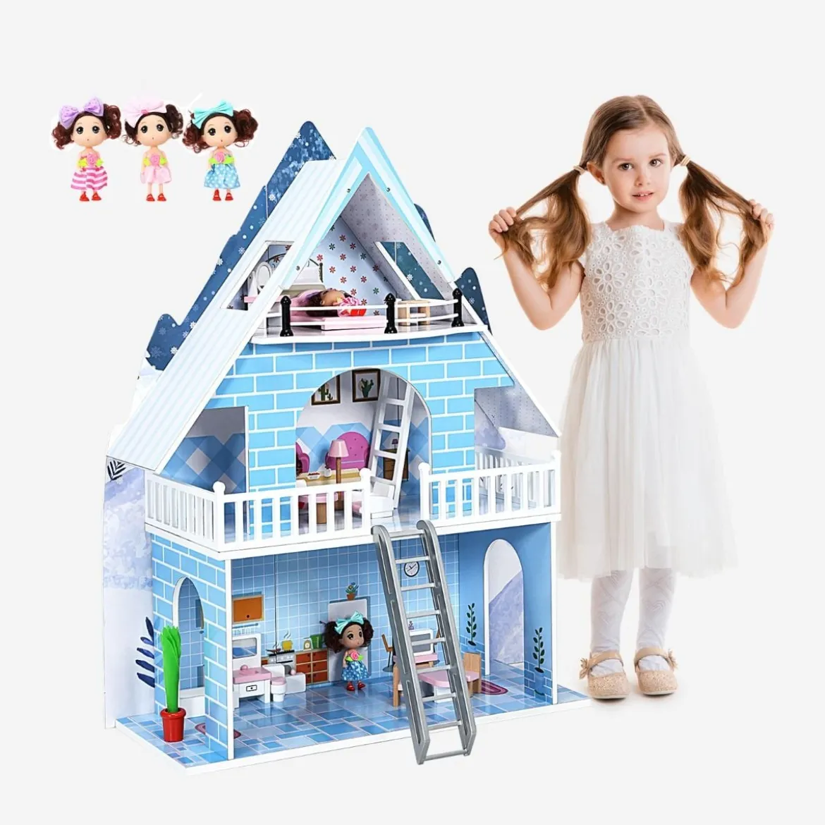 Puppenhaus Spielzeughaus Holz Barbiehaus mit mit 15 Möbeln und 3 niedlichen Puppen für Kinder ab 3 Jahren