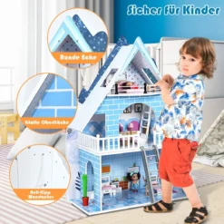 Puppenhaus Spielzeughaus Holz Barbiehaus mit mit 15 Möbeln und 3 niedlichen Puppen für Kinder ab 3 Jahren