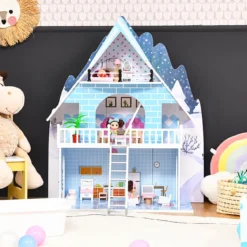 Puppenhaus Spielzeughaus Holz Barbiehaus mit mit 15 Möbeln und 3 niedlichen Puppen für Kinder ab 3 Jahren