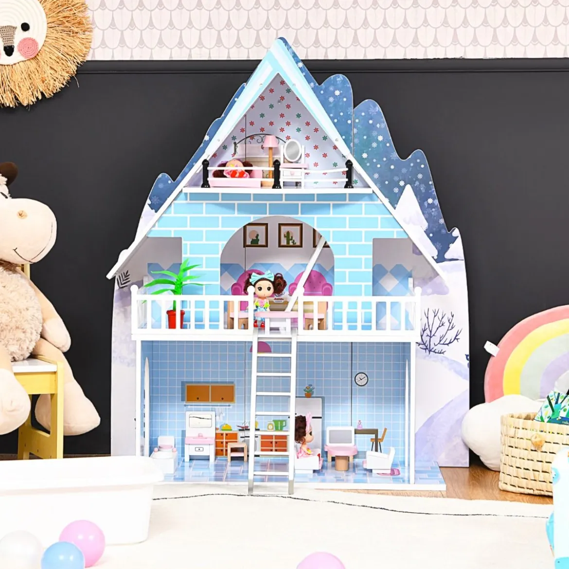 Puppenhaus Spielzeughaus Holz Barbiehaus mit mit 15 Möbeln und 3 niedlichen Puppen für Kinder ab 3 Jahren