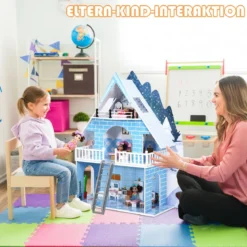 Puppenhaus Spielzeughaus Holz Barbiehaus mit mit 15 Möbeln und 3 niedlichen Puppen für Kinder ab 3 Jahren