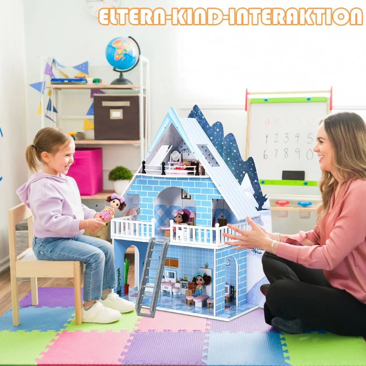 Puppenhaus Spielzeughaus Holz Barbiehaus mit mit 15 Möbeln und 3 niedlichen Puppen für Kinder ab 3 Jahren