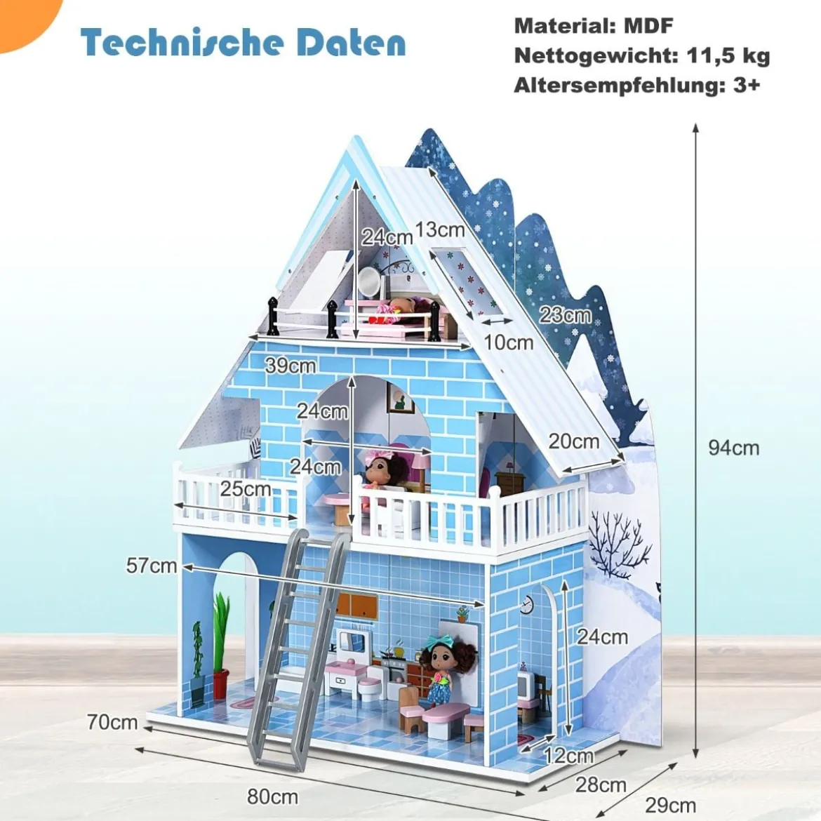 Puppenhaus Spielzeughaus Holz Barbiehaus mit mit 15 Möbeln und 3 niedlichen Puppen für Kinder ab 3 Jahren