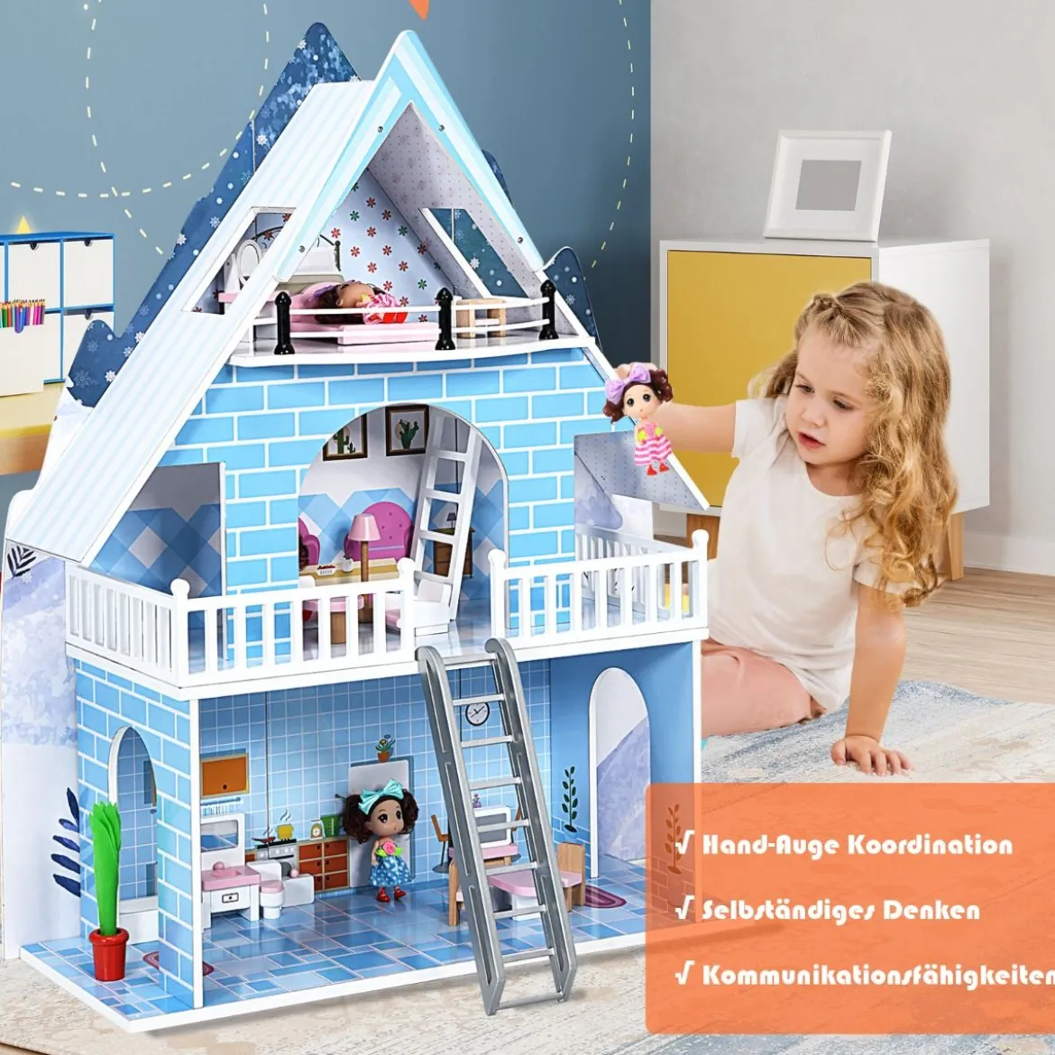 Puppenhaus Spielzeughaus Holz Barbiehaus mit mit 15 Möbeln und 3 niedlichen Puppen für Kinder ab 3 Jahren