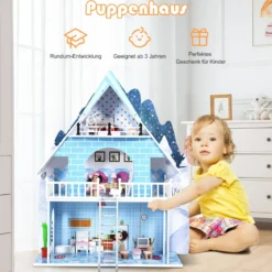 Puppenhaus Spielzeughaus Holz Barbiehaus mit mit 15 Möbeln und 3 niedlichen Puppen für Kinder ab 3 Jahren