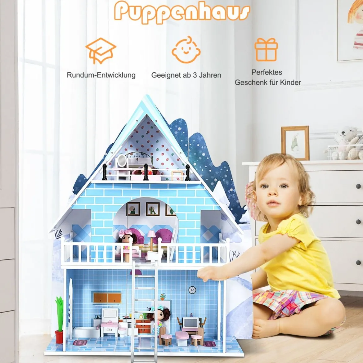 Puppenhaus Spielzeughaus Holz Barbiehaus mit mit 15 Möbeln und 3 niedlichen Puppen für Kinder ab 3 Jahren
