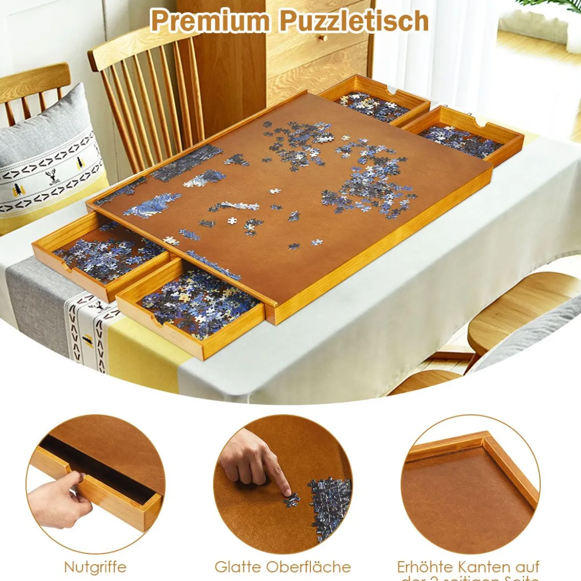 Puzzletisch mit 4 Schubladen Puzzle Board Holz 80 x 65cm