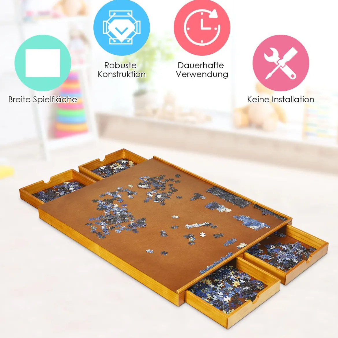 Puzzletisch mit 4 Schubladen Puzzle Board Holz 80 x 65cm