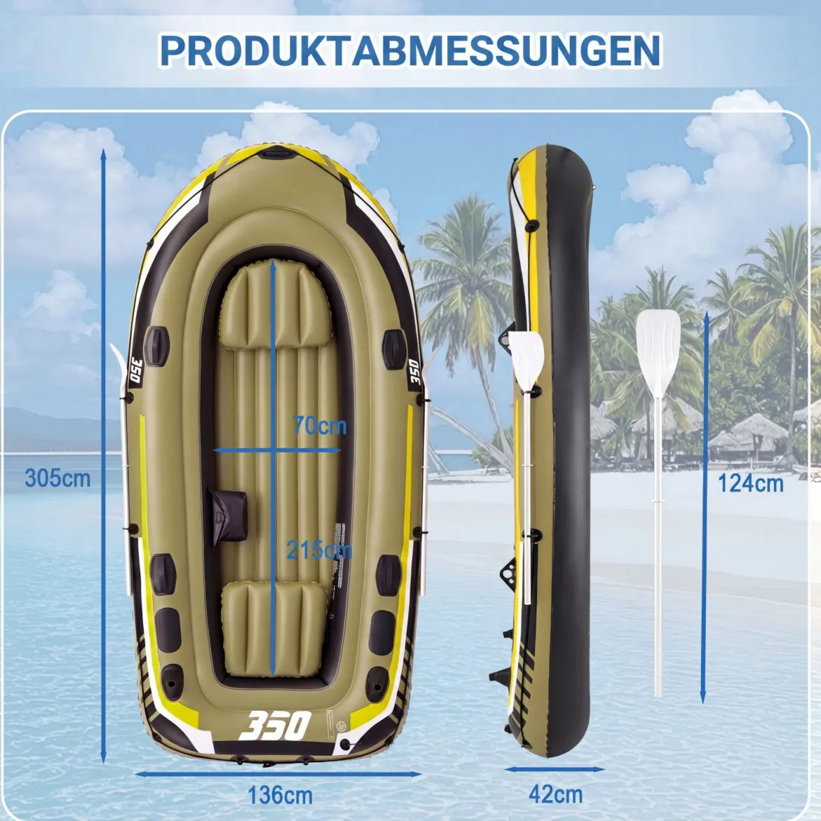 PVC-Schlauchboot für 4 Personen Aufblasbares Angelboot mit 3 Luftkammern 2 Paddeln 305 x 136 x 42 cm
