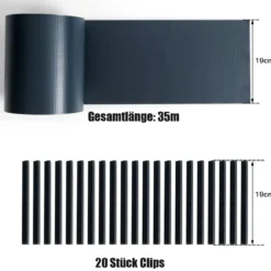 PVC Zaunblende mit 20 Befestigungsclips Sichtschutzstreifen Abdeckung Sichtschutz 35 m x 19 cm Dunkelgrau