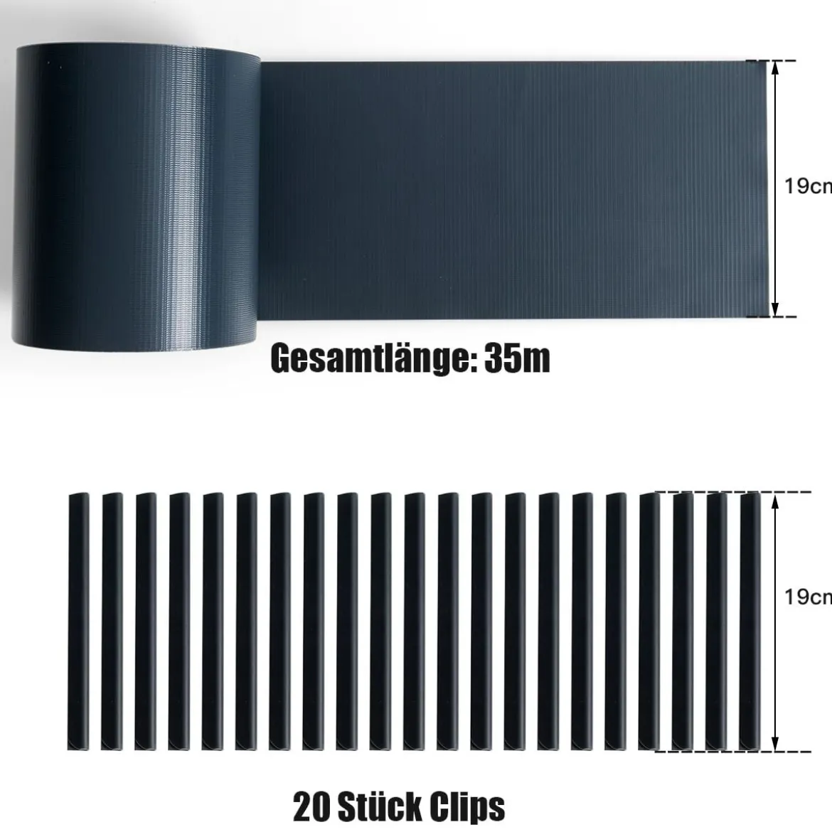 PVC Zaunblende mit 20 Befestigungsclips Sichtschutzstreifen Abdeckung Sichtschutz 35 m x 19 cm Dunkelgrau